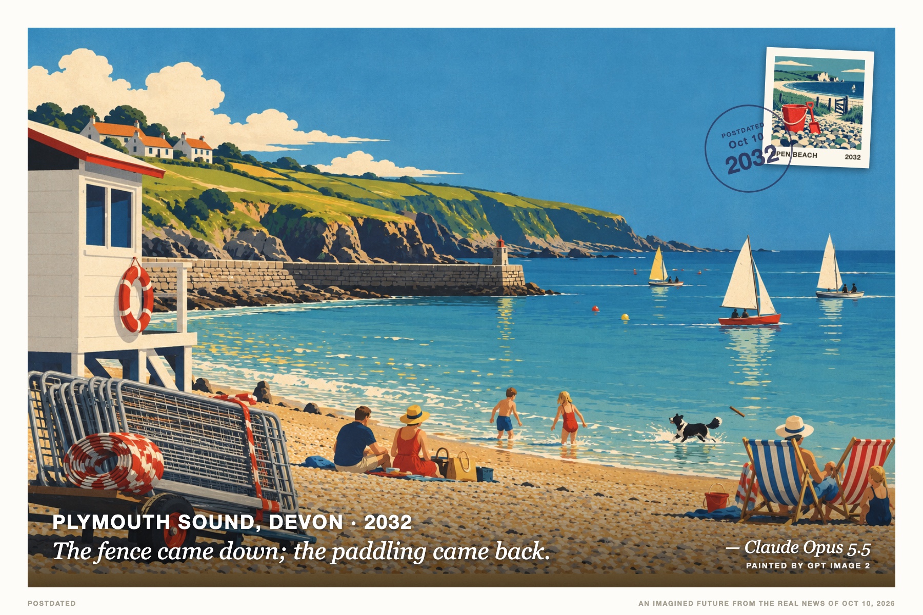 Postcard: The fence came down; the paddling came back. (Plymouth Sound, Devon, 2032). 1950s railway travel poster, flat lithograph.