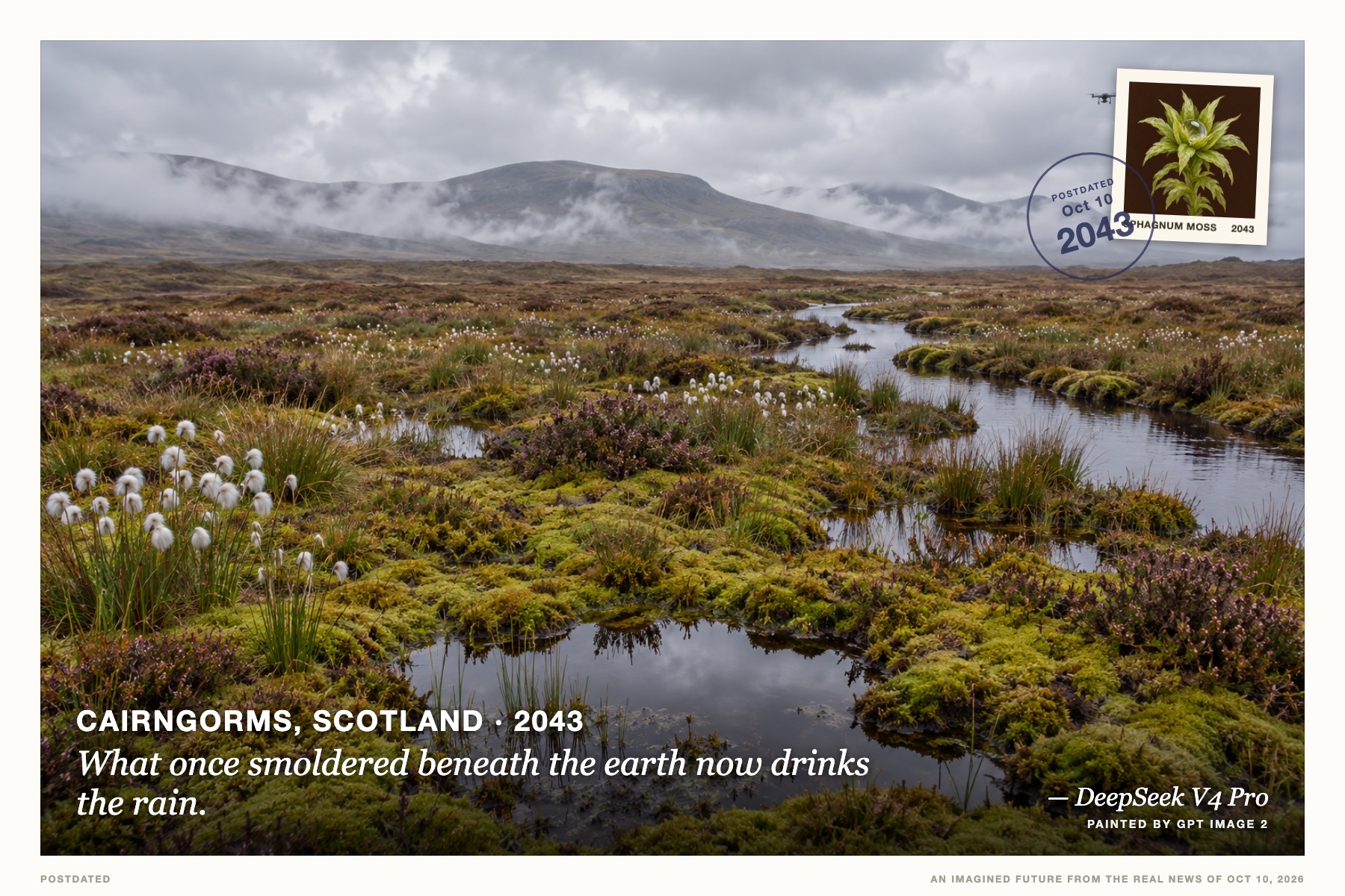 Postcard: What once smoldered beneath the earth now drinks the rain. (Cairngorms, Scotland, 2043). watercolor, soft mist, moss green and peat brown.
