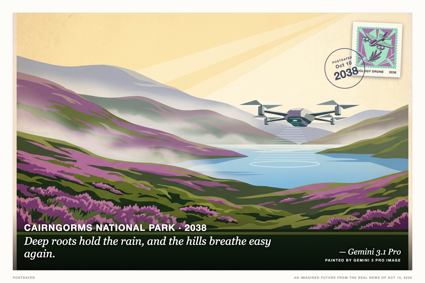 Postcard: Deep roots hold the rain, and the hills breathe easy again. (Cairngorms National Park, 2038). vintage travel poster, flat color.