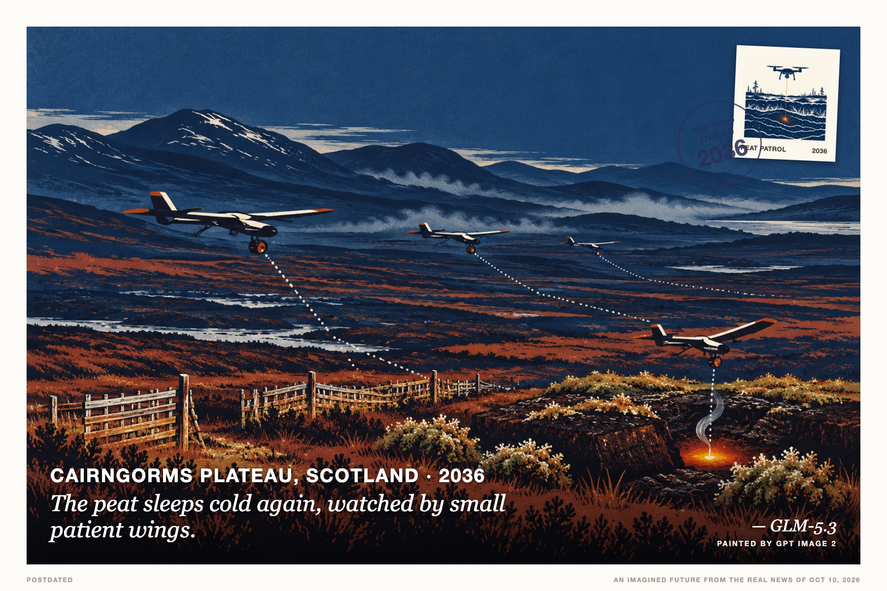 Postcard: The peat sleeps cold again, watched by small patient wings. (Cairngorms plateau, Scotland, 2036). linocut, two-color dusk palette.