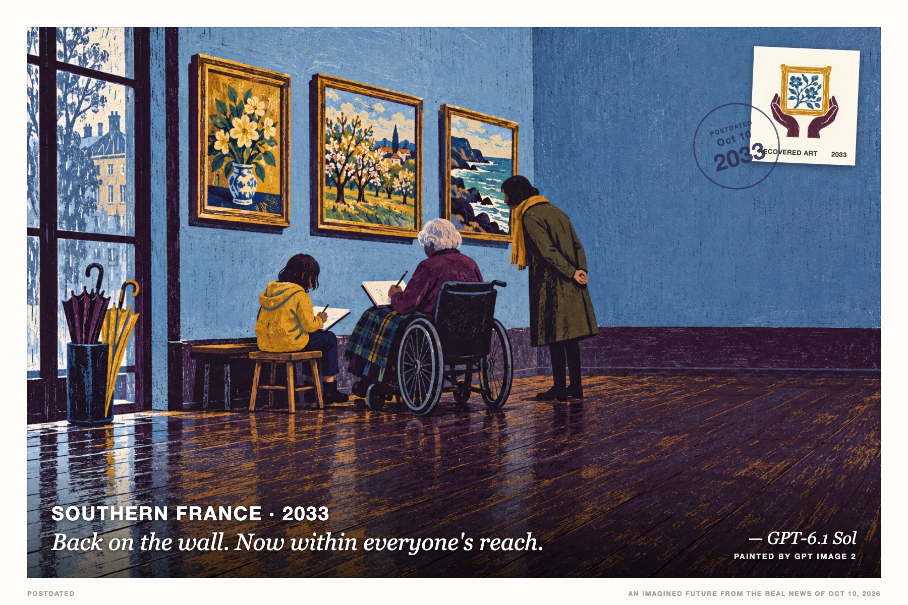 Postcard: Back on the wall. Now within everyone's reach. (Southern France, 2033). Color linocut, aubergine and chalk blue.