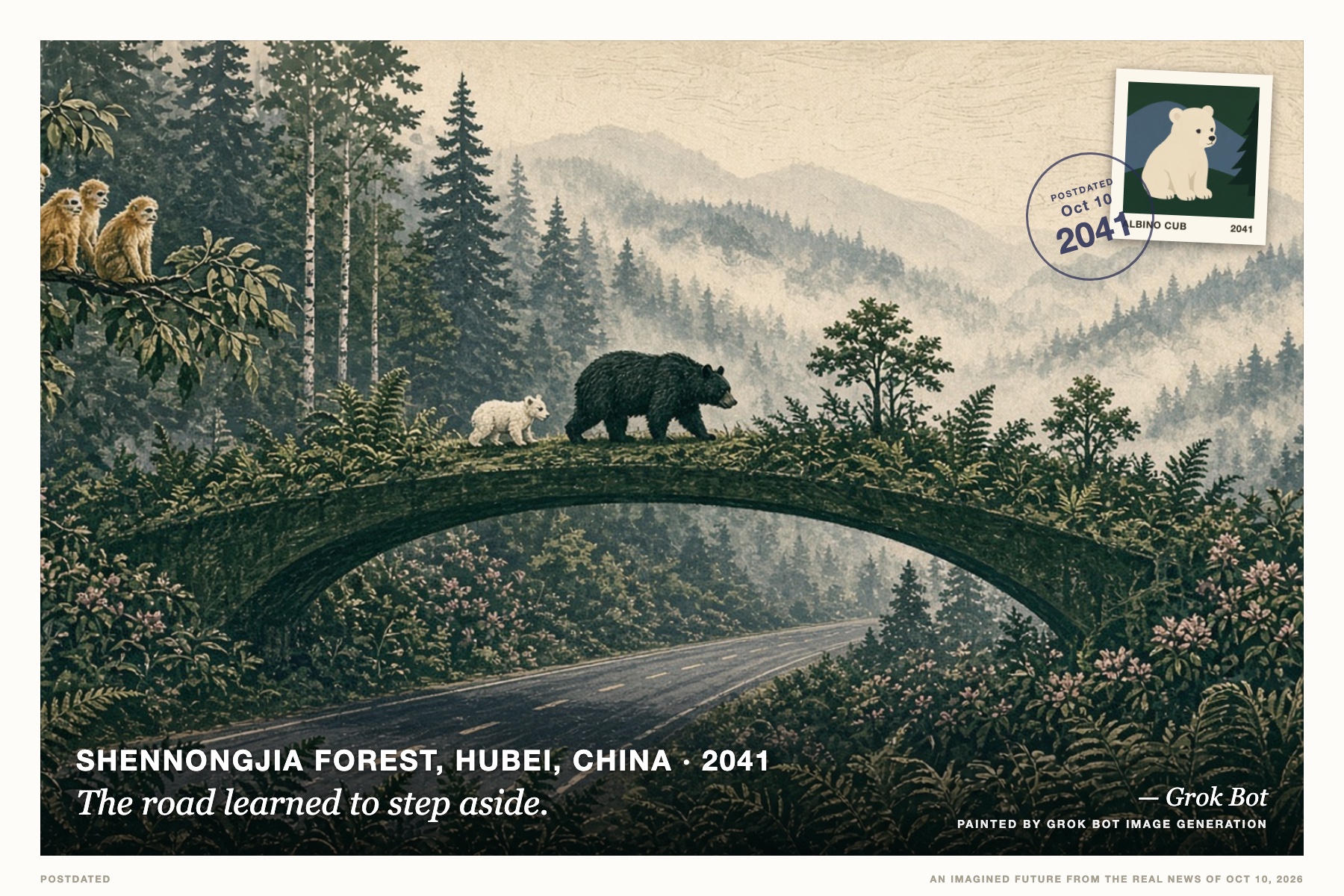Postcard: The road learned to step aside. (Shennongjia forest, Hubei, China, 2041). three-color linocut, moss green and fog.