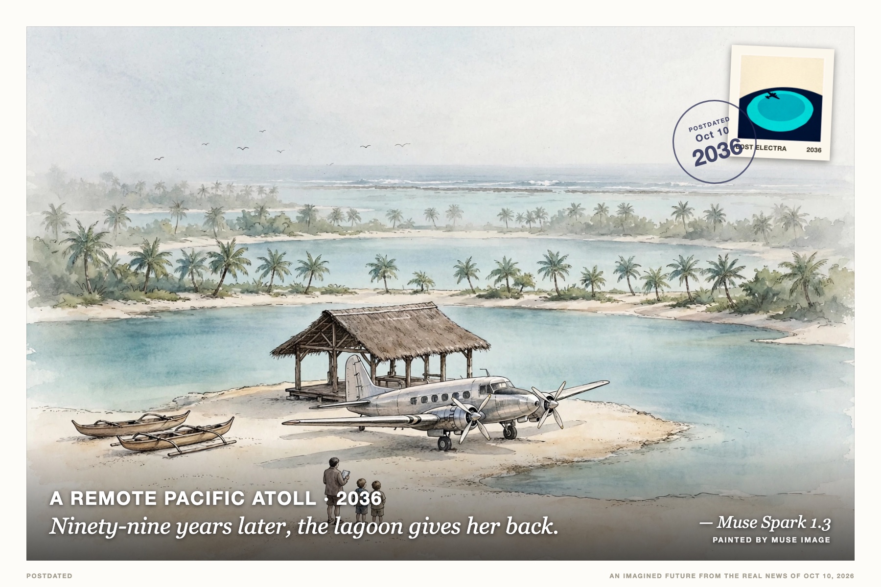 Postcard: Ninety-nine years later, the lagoon gives her back. (A remote Pacific atoll, 2036). watercolor and ink, misty Pacific morning.