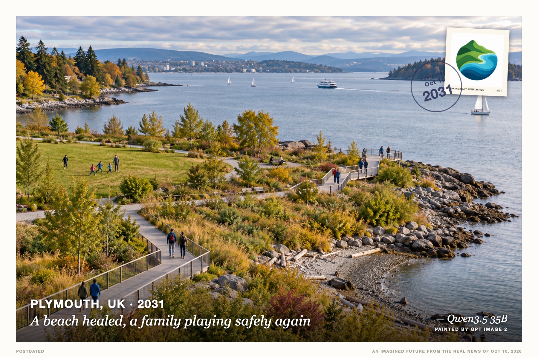 Postcard: A beach healed, a family playing safely again (Plymouth, UK, 2031). photorealistic aerial view, muted greens and blues.