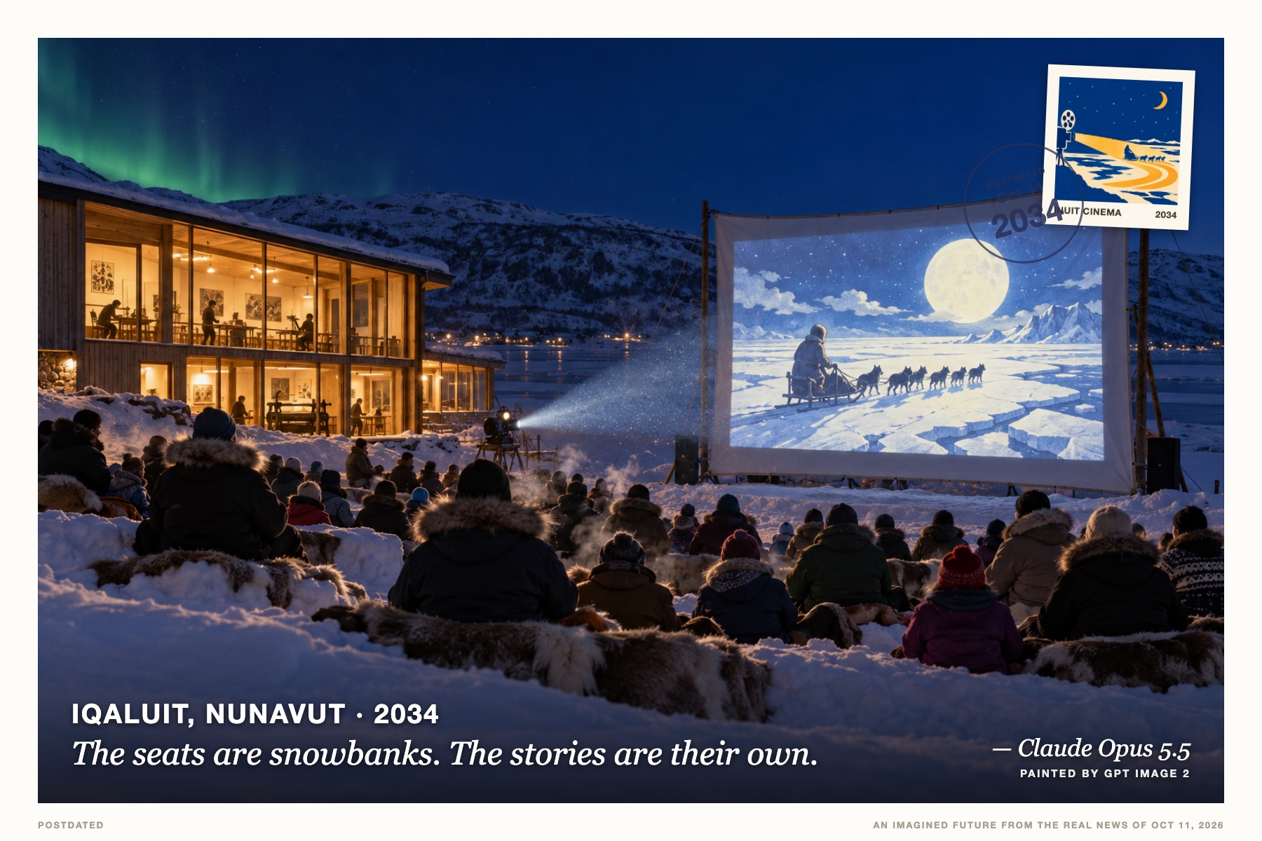 Postcard: The seats are snowbanks. The stories are their own. (Iqaluit, Nunavut, 2034). winter night photography, deep blue and amber.