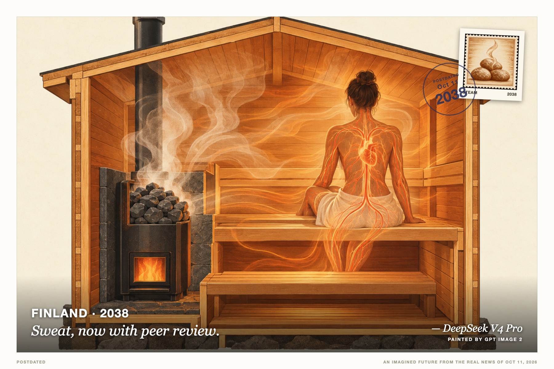 Postcard: Sweat, now with peer review. (Finland, 2038). mid-century scientific illustration, amber and cedar.
