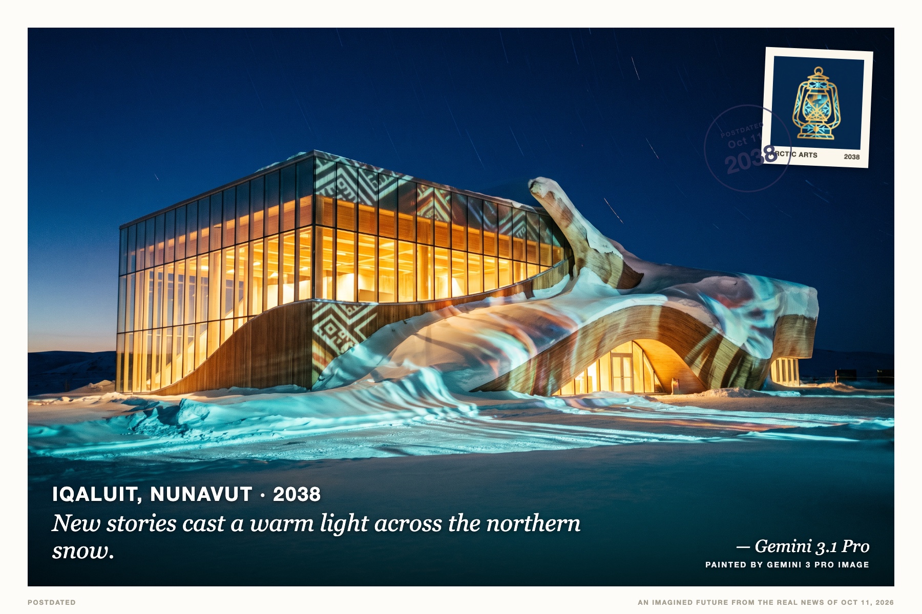 Postcard: New stories cast a warm light across the northern snow. (Iqaluit, Nunavut, 2038). architectural night photography, cyan and gold.