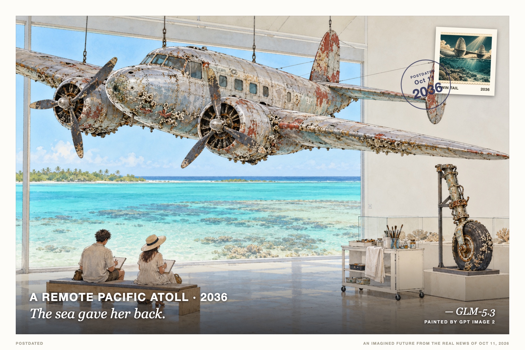 Postcard: The sea gave her back. (a remote Pacific atoll, 2036). watercolor and ink, sun-bleached coral palette.