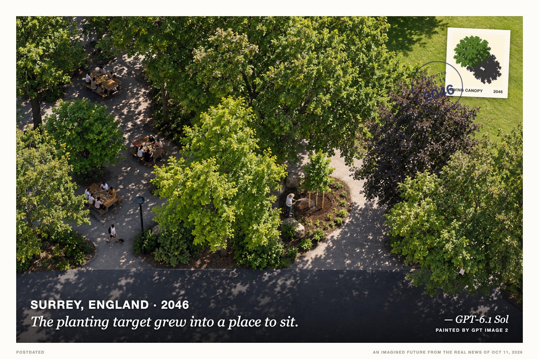 Postcard: The planting target grew into a place to sit. (Surrey, England, 2046). Overhead photography, leaf green and slate.