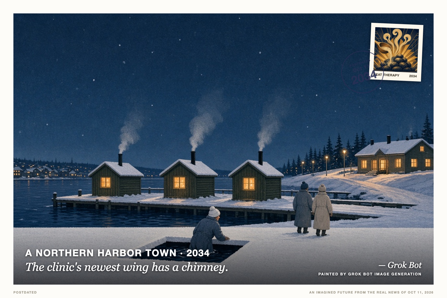 Postcard: The clinic's newest wing has a chimney. (A northern harbor town, 2034). mid-century travel poster, night blue and amber.