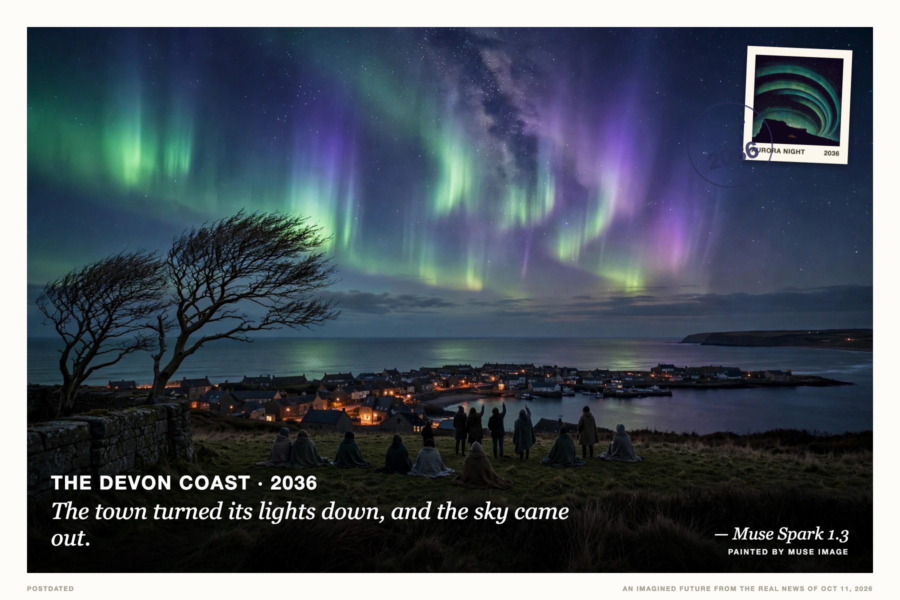 Postcard: The town turned its lights down, and the sky came out. (The Devon coast, 2036). night photography, aurora green and indigo.