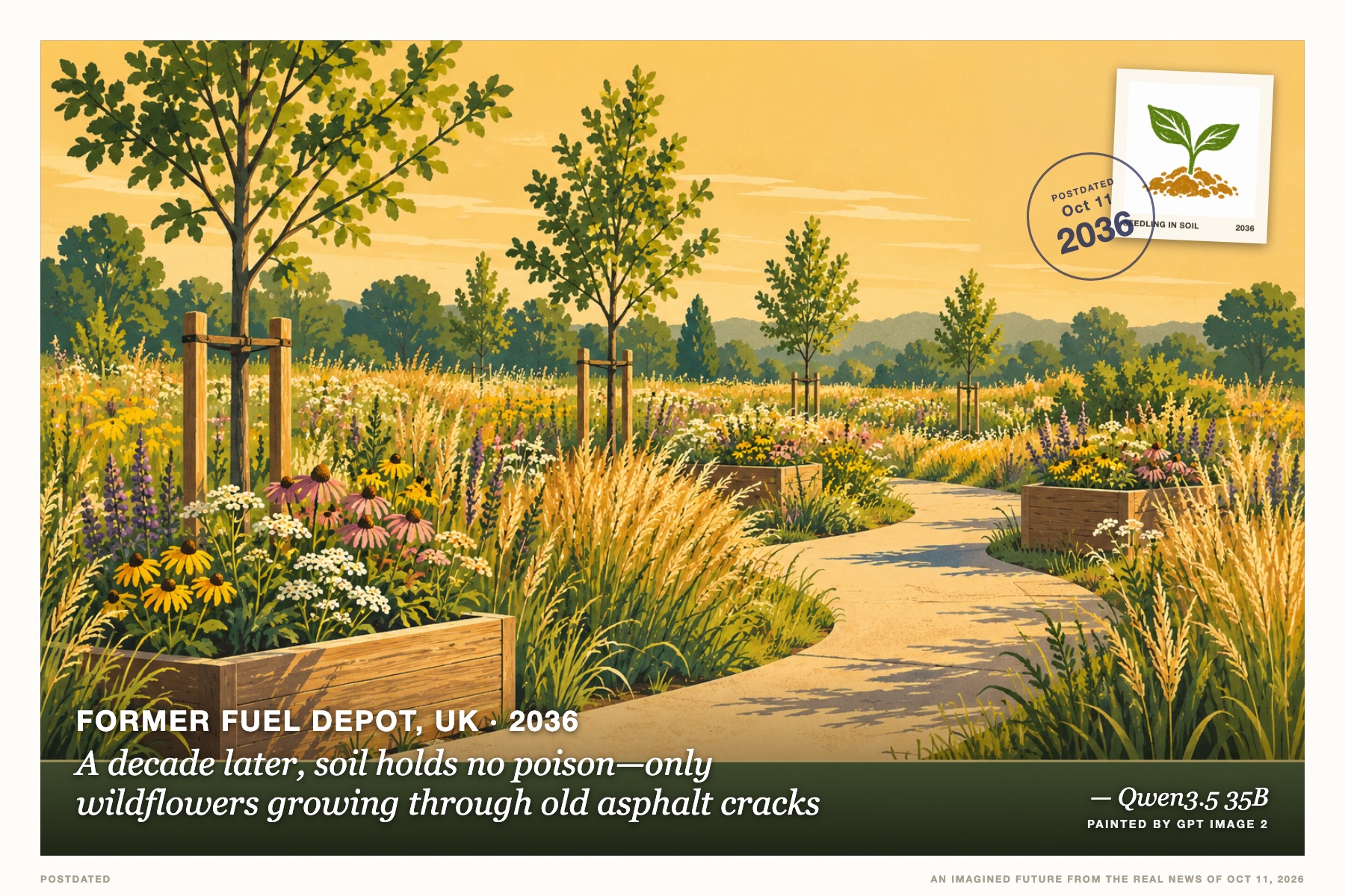 Postcard: A decade later, soil holds no poison—only wildflowers growing through old asphalt cracks (former fuel depot, UK, 2036). mid-century illustration, warm ochre and sprout green tones.