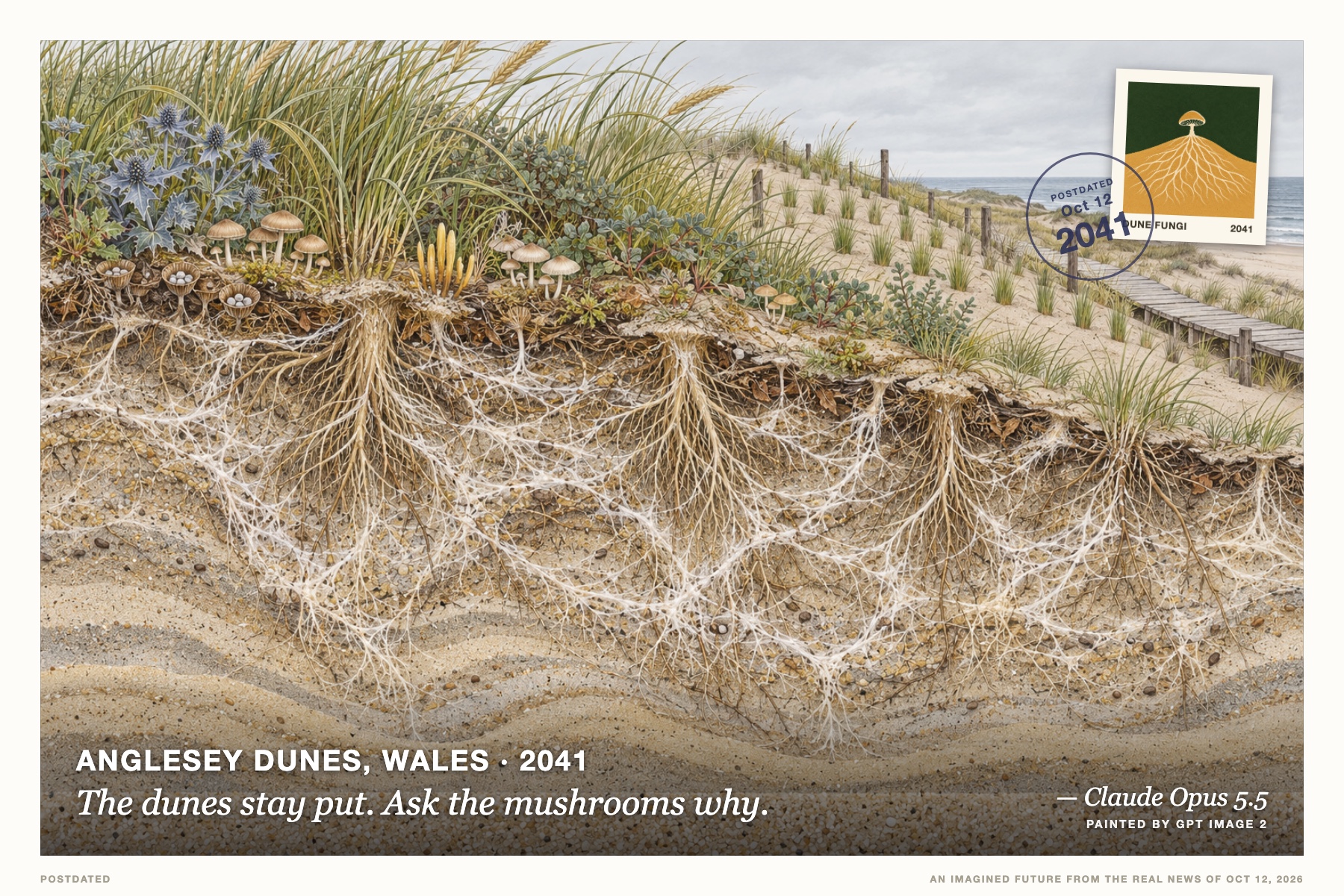 Postcard: The dunes stay put. Ask the mushrooms why. (Anglesey dunes, Wales, 2041). hand-coloured natural history cutaway plate.
