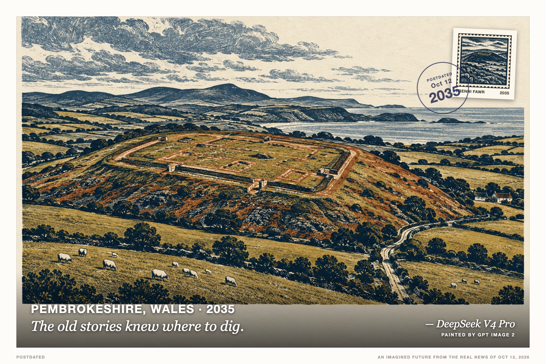 Postcard: The old stories knew where to dig. (Pembrokeshire, Wales, 2035). linocut print, indigo and ochre on cream.