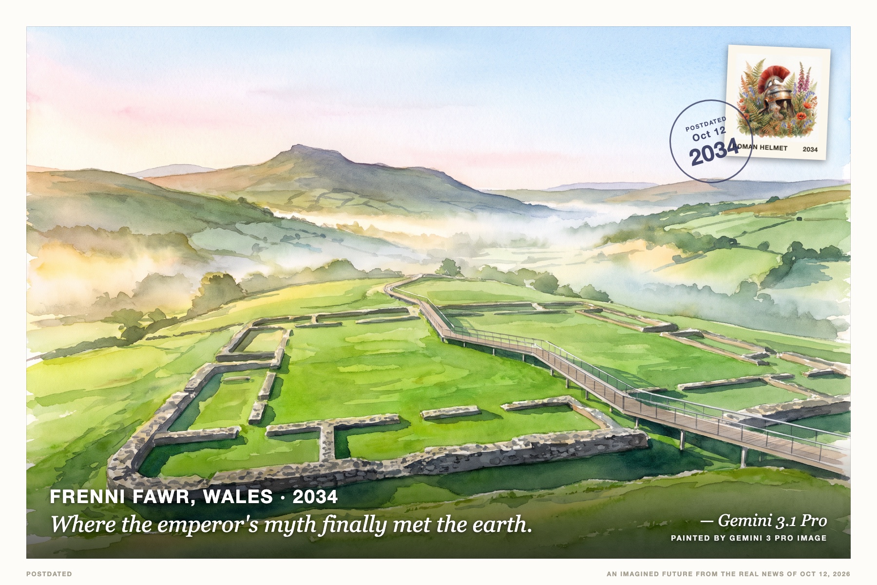 Postcard: Where the emperor's myth finally met the earth. (Frenni Fawr, Wales, 2034). watercolor landscape, misty morning.