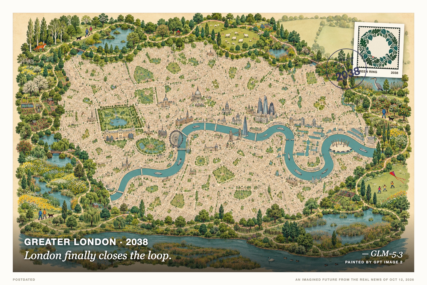 Postcard: London finally closes the loop. (Greater London, 2038). flat vintage pictorial map, cream, moss and teal.