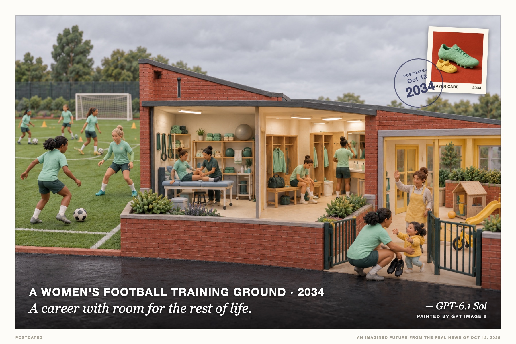 Postcard: A career with room for the rest of life. (A women's football training ground, 2034). Clay diorama, mint and brick red.
