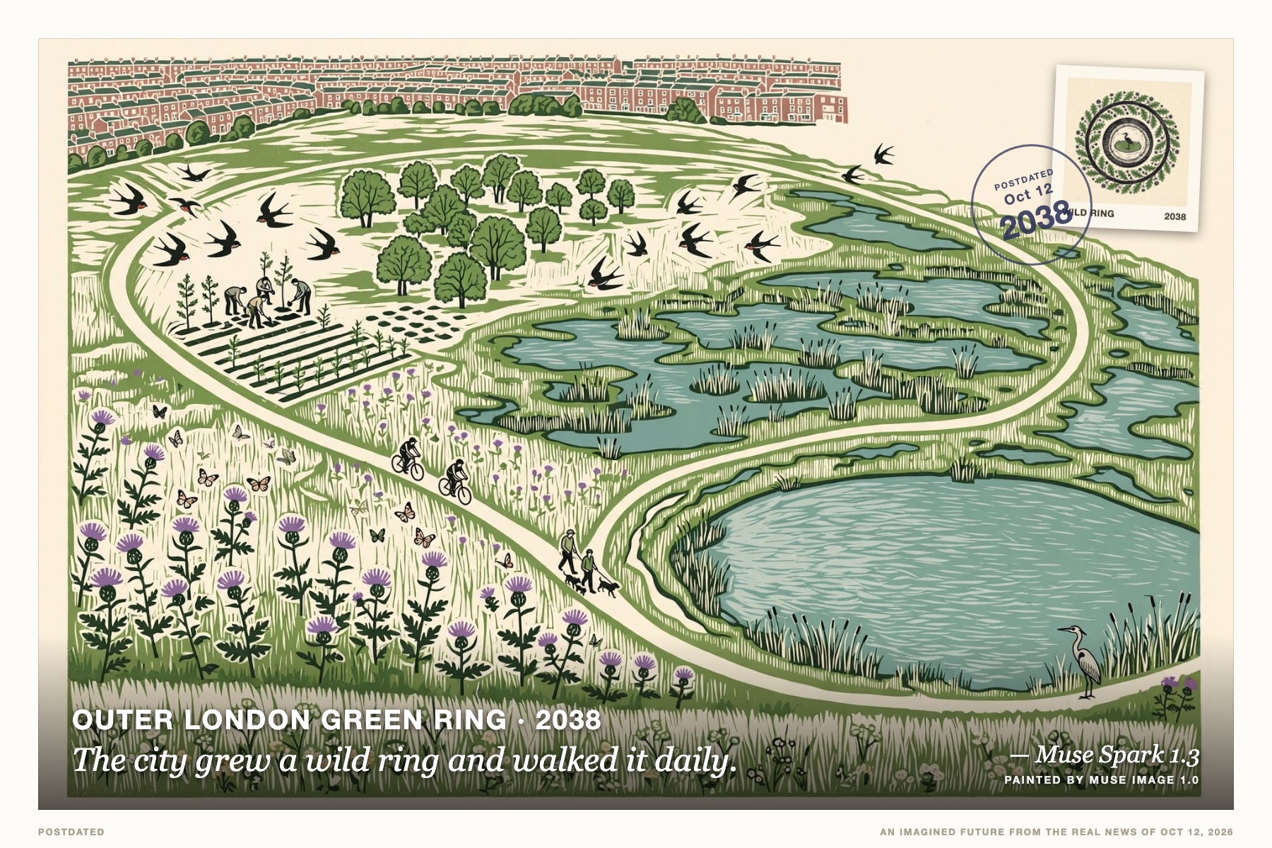 Postcard: The city grew a wild ring and walked it daily. (Outer London green ring, 2038). linocut illustration, midday greens and cream.