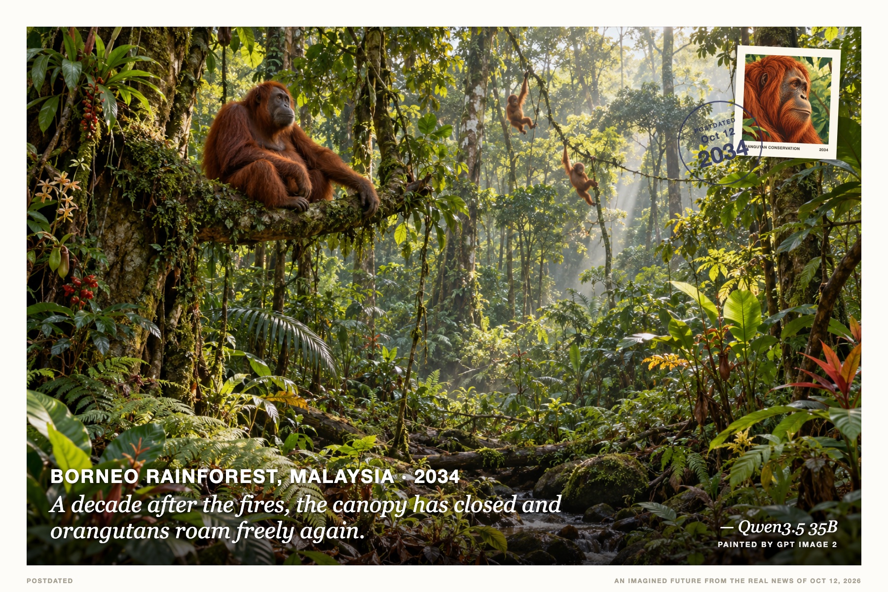 Postcard: A decade after the fires, the canopy has closed and orangutans roam freely again. (Borneo rainforest, Malaysia, 2034). soft watercolor painting, lush greens and golden light, gentle wildlife illustration.