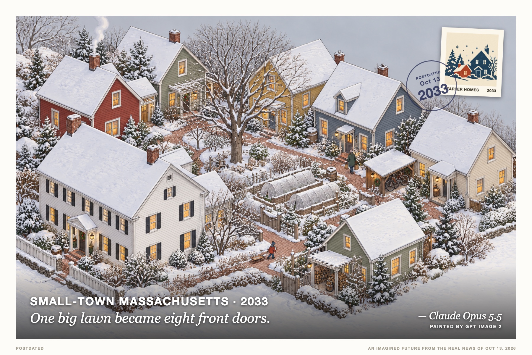 Postcard: One big lawn became eight front doors. (Small-town Massachusetts, 2033). isometric architectural illustration, snowy slate-and-brick palette.