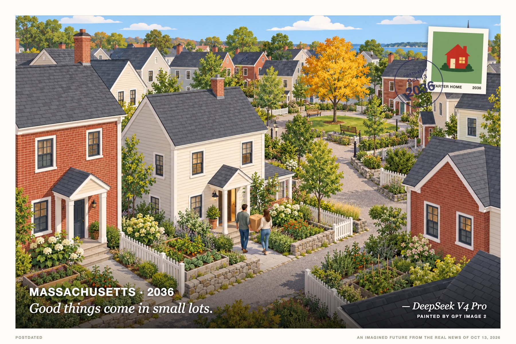 Postcard: Good things come in small lots. (Massachusetts, 2036). isometric cutaway diorama, brick and sage.