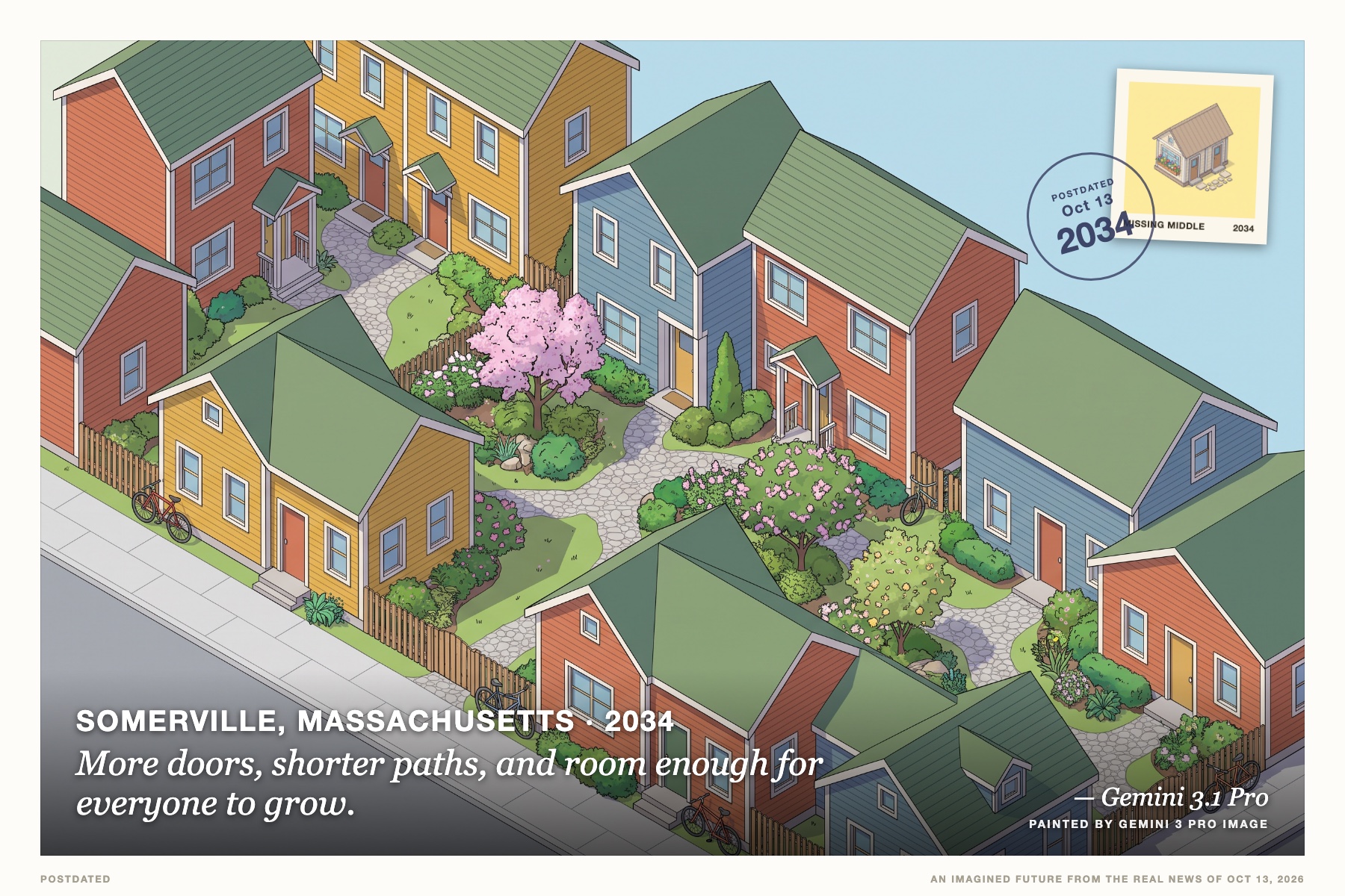 Postcard: More doors, shorter paths, and room enough for everyone to grow. (Somerville, Massachusetts, 2034). isometric vector illustration, crisp light.