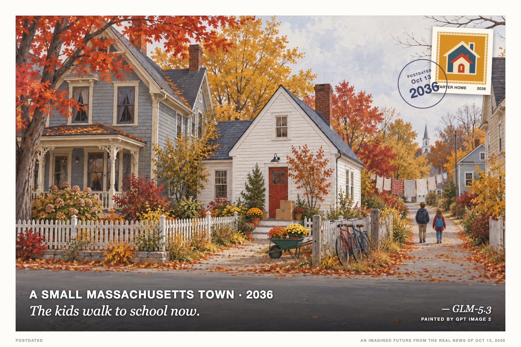 Postcard: The kids walk to school now. (A small Massachusetts town, 2036). mid-century gouache illustration, autumn ochre and brick red.