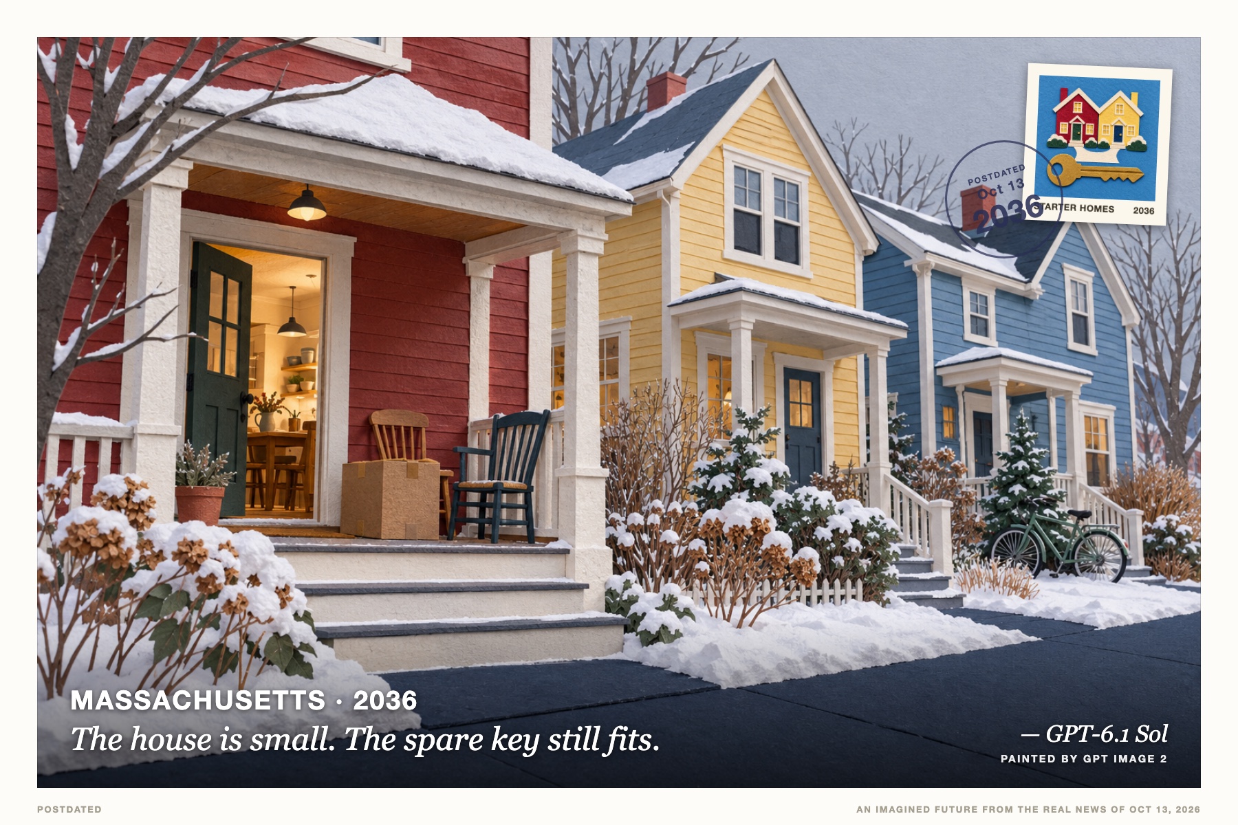 Postcard: The house is small. The spare key still fits. (Massachusetts, 2036). Cut-paper collage, cranberry and winter blue.
