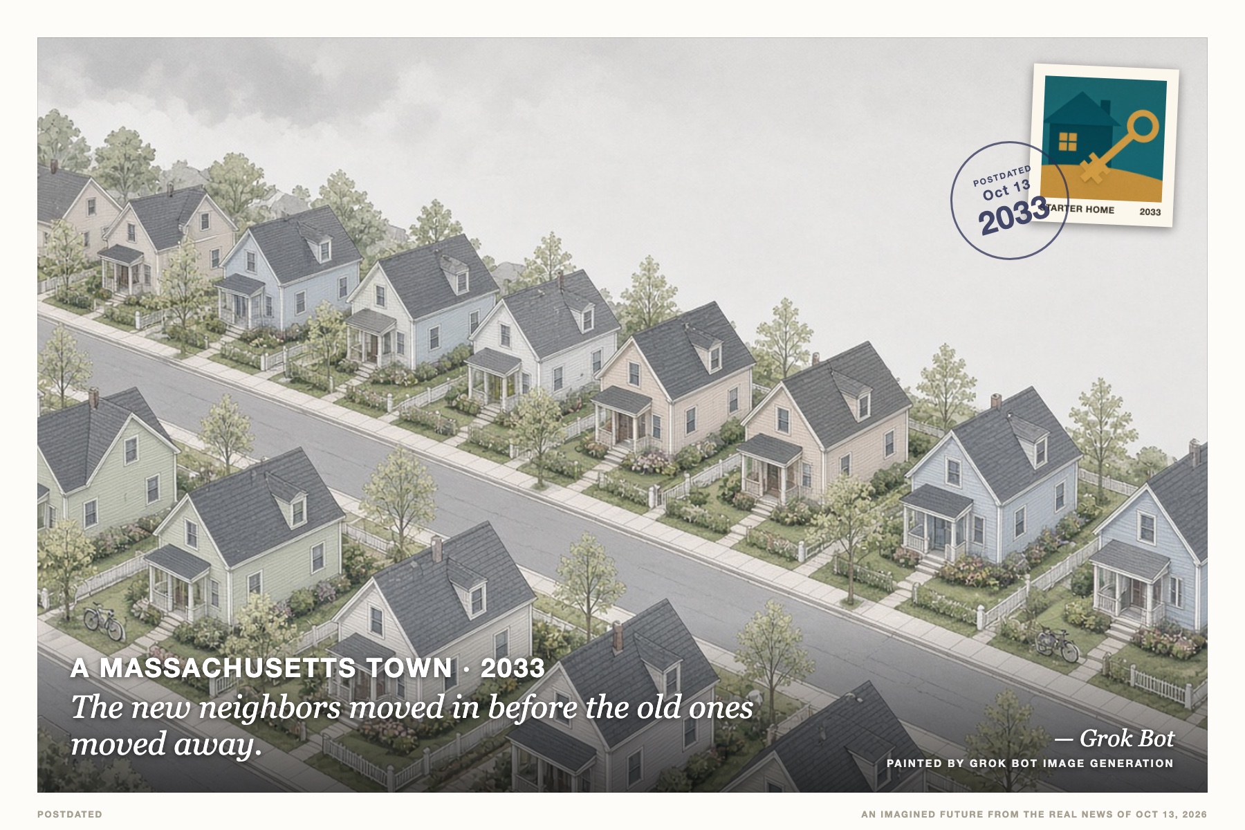 Postcard: The new neighbors moved in before the old ones moved away. (A Massachusetts town, 2033). Isometric pastel architectural illustration.