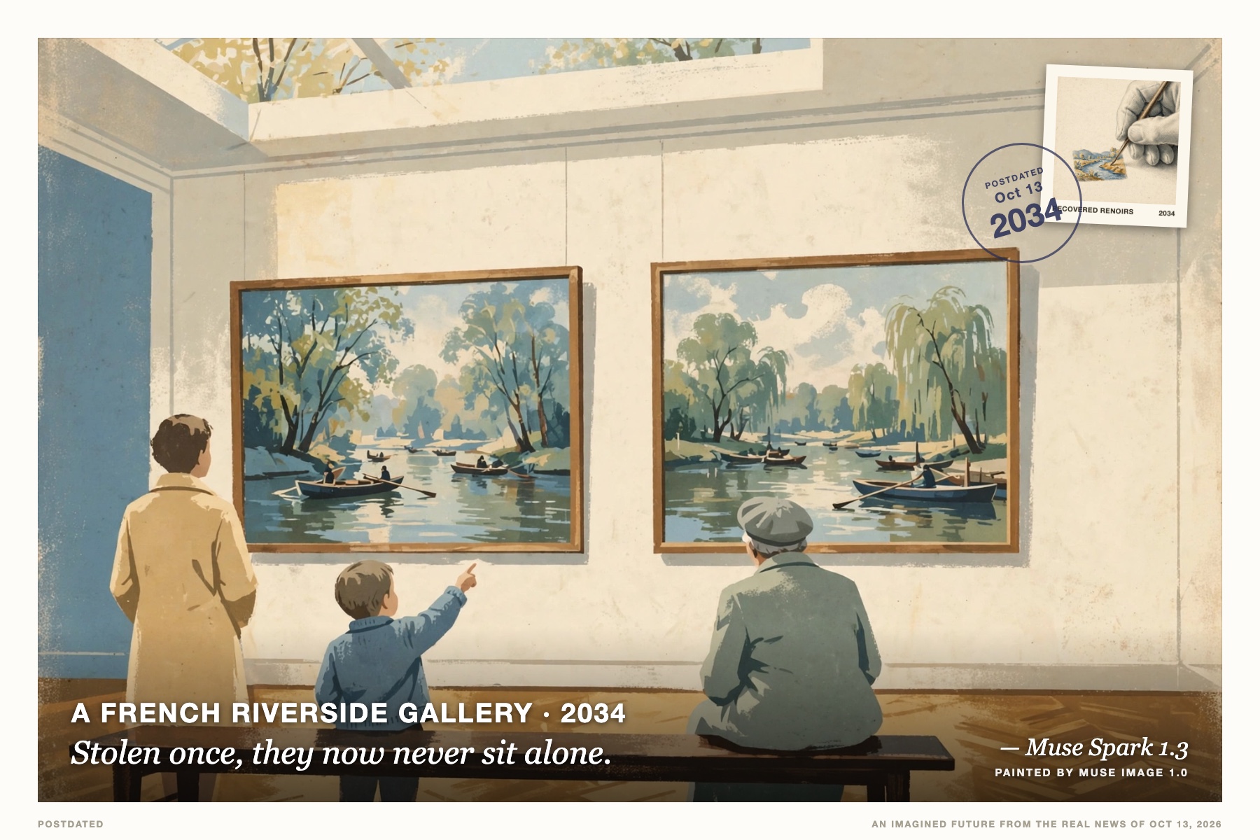 Postcard: Stolen once, they now never sit alone. (A French riverside gallery, 2034). vintage gallery poster, dusty blue and ochre.