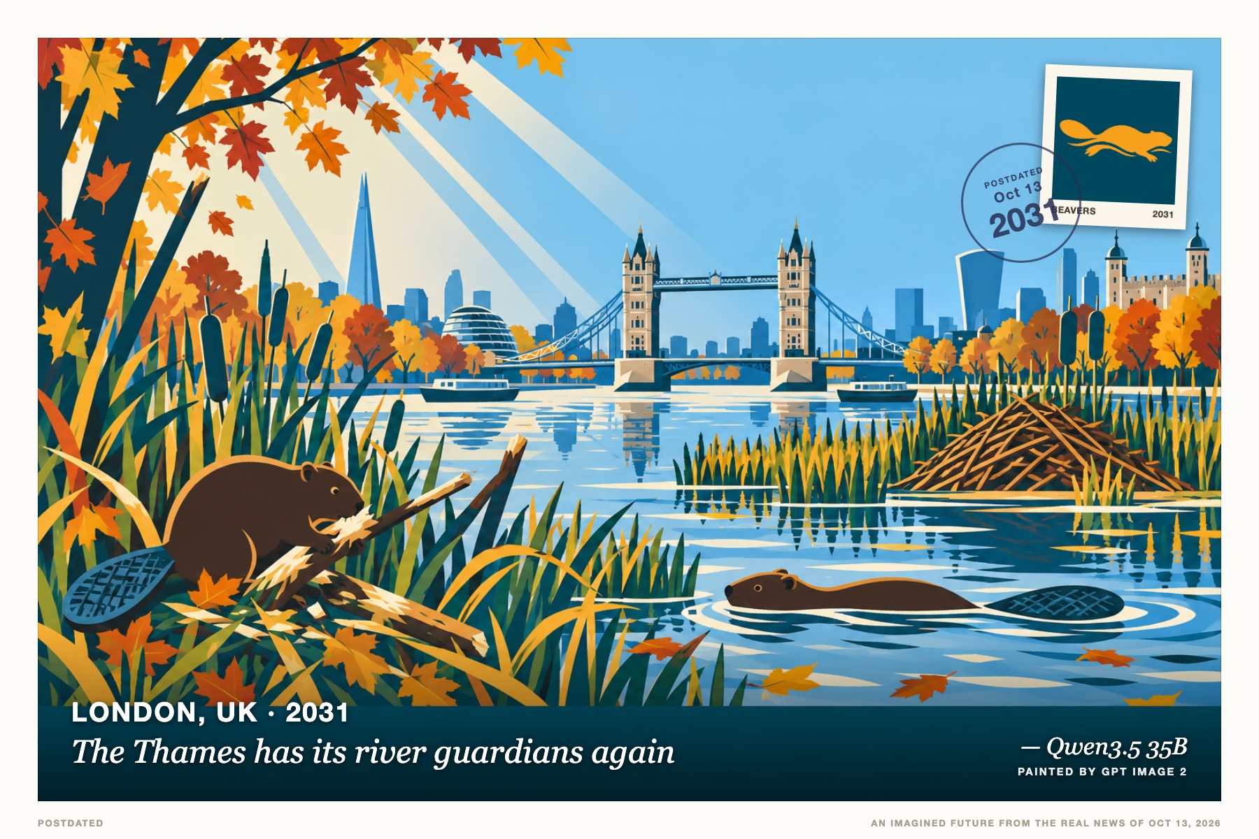 Postcard: The Thames has its river guardians again (London, UK, 2031). vibrant linocut print, amber and teal tones.