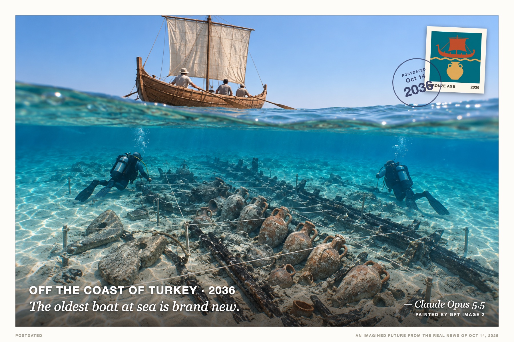 Postcard: The oldest boat at sea is brand new. (Off the coast of Turkey, 2036). split-level over-under photograph, noon turquoise.