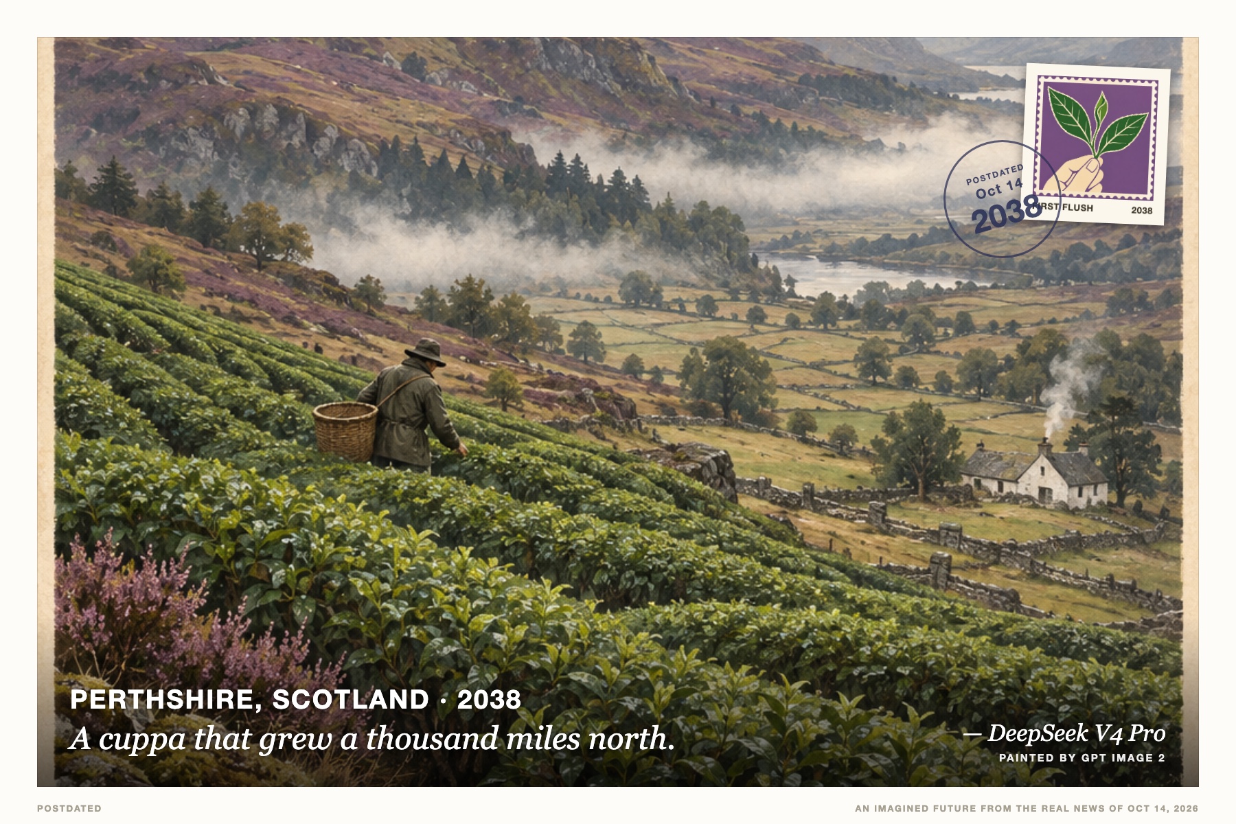 Postcard: A cuppa that grew a thousand miles north. (Perthshire, Scotland, 2038). vintage travel poster, spruce green and heather.