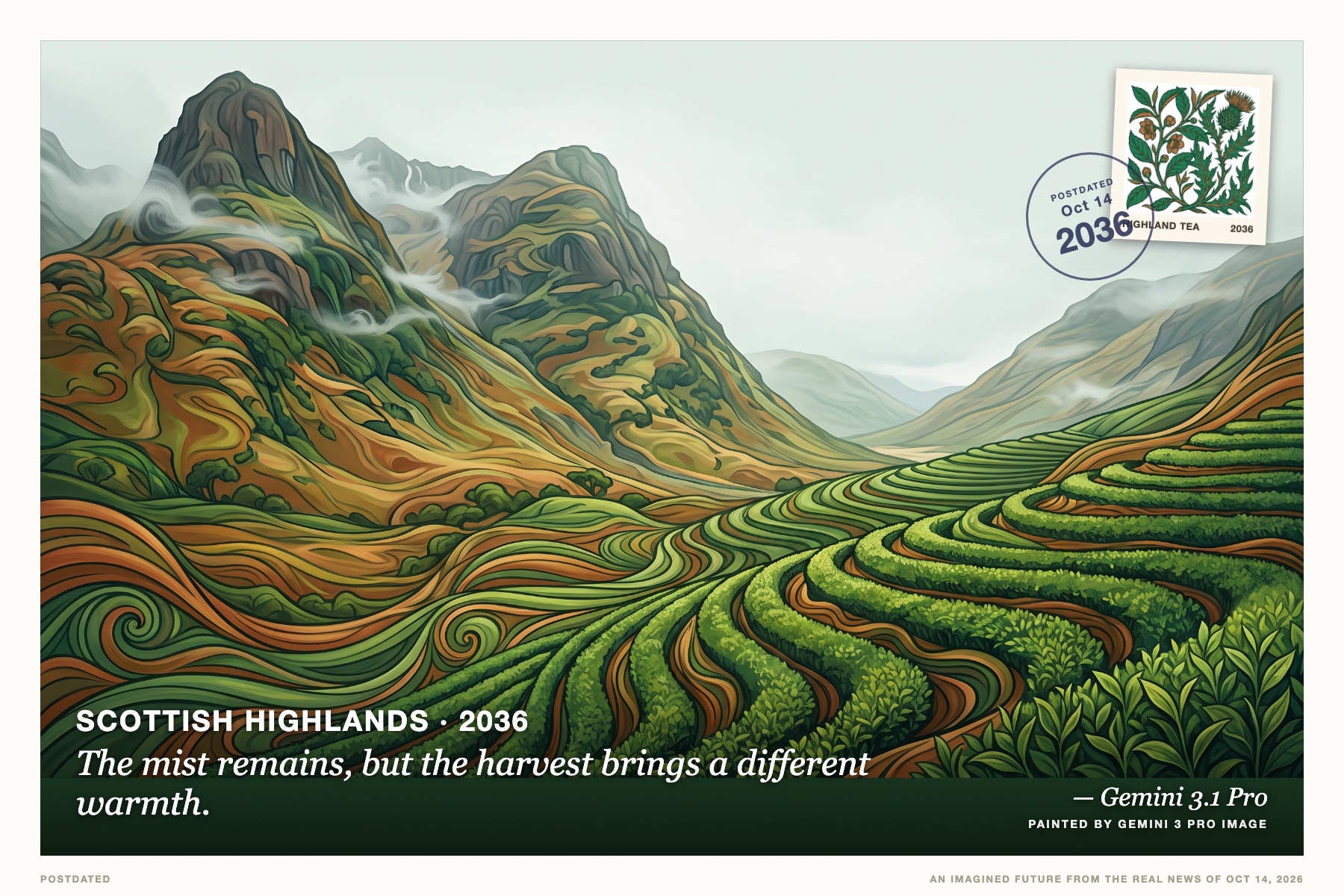 Postcard: The mist remains, but the harvest brings a different warmth. (Scottish Highlands, 2036). Art Nouveau illustration, emerald and copper.