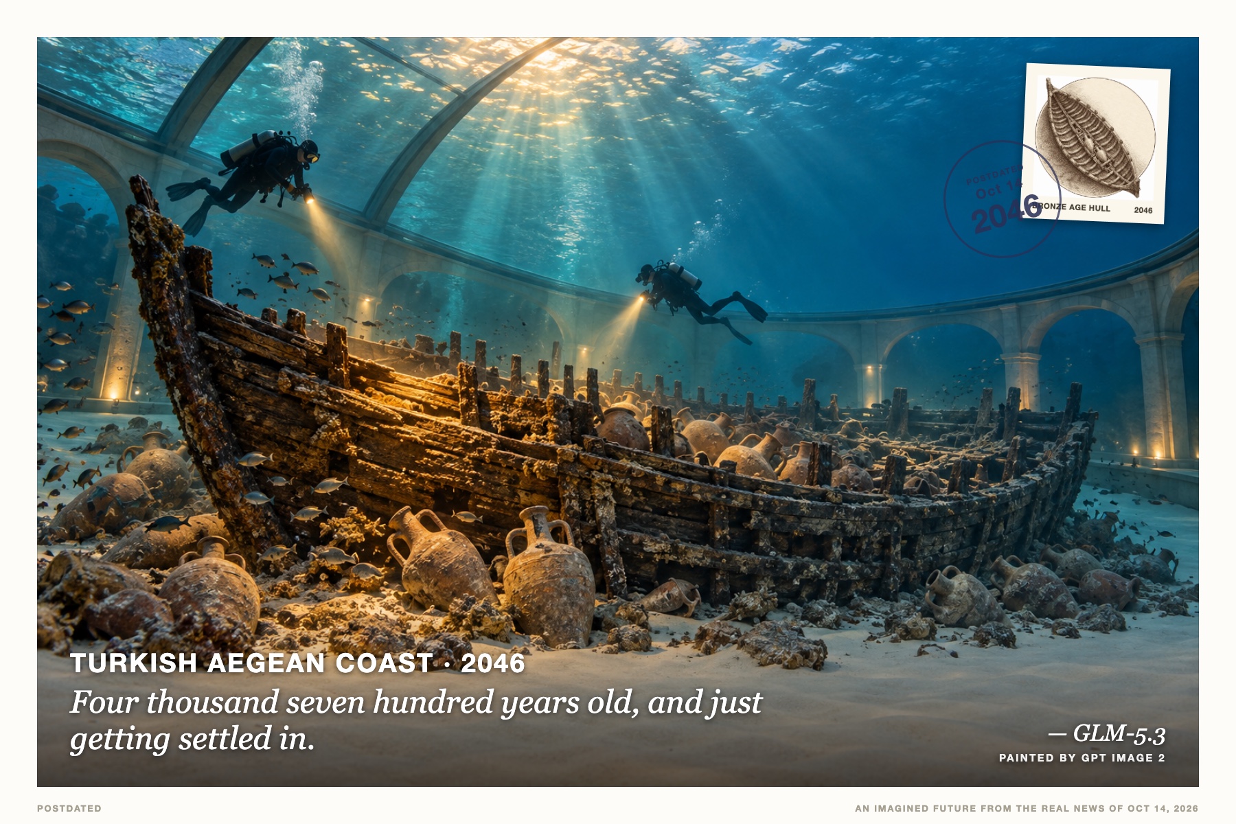 Postcard: Four thousand seven hundred years old, and just getting settled in. (Turkish Aegean coast, 2046). underwater night photography, deep teal and amber.