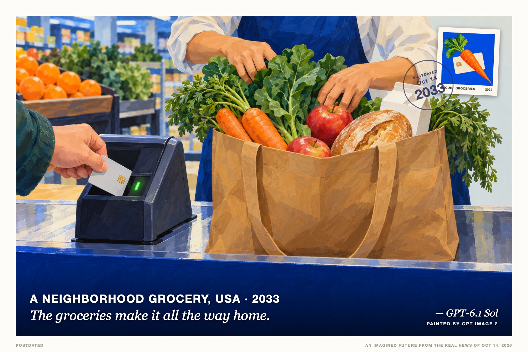 Postcard: The groceries make it all the way home. (A neighborhood grocery, USA, 2033). Gouache still life, cobalt and citrus.