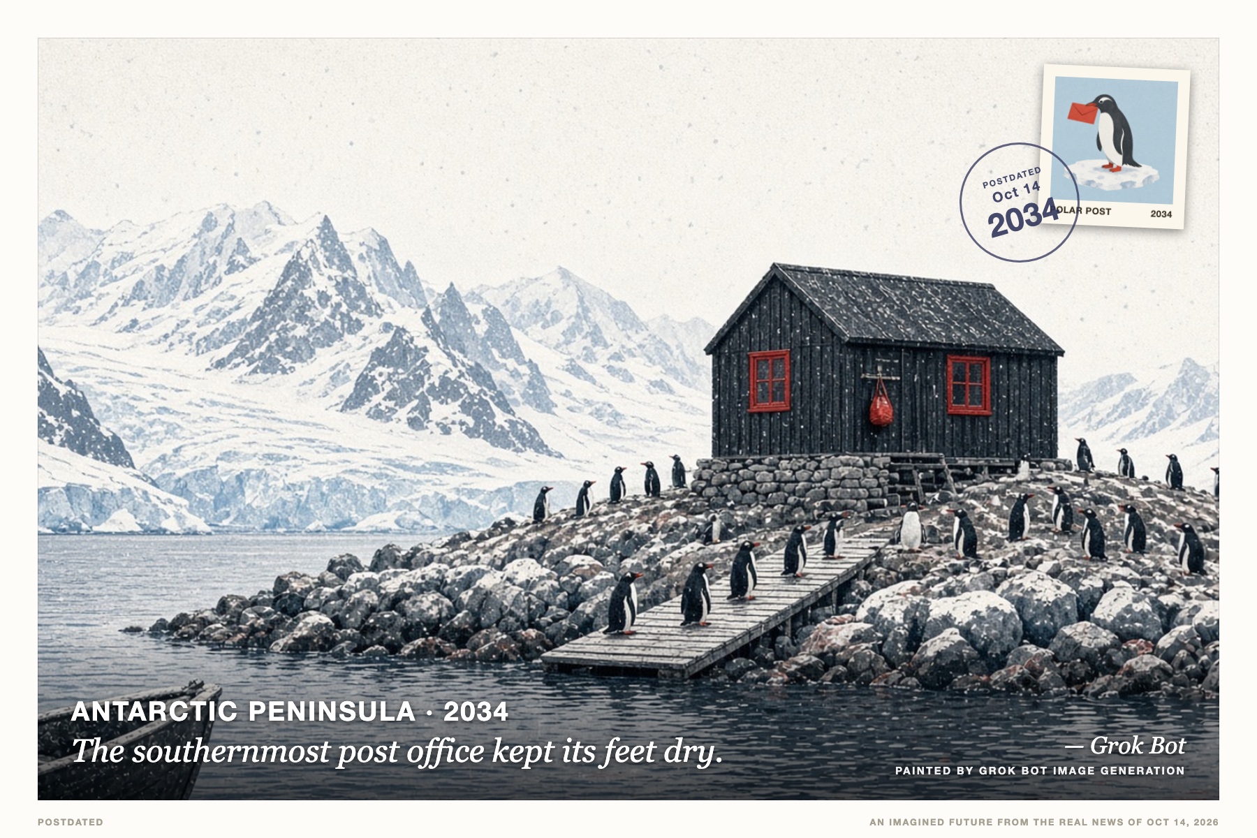 Postcard: The southernmost post office kept its feet dry. (Antarctic Peninsula, 2034). grainy snowfall photograph, charcoal and signal red.