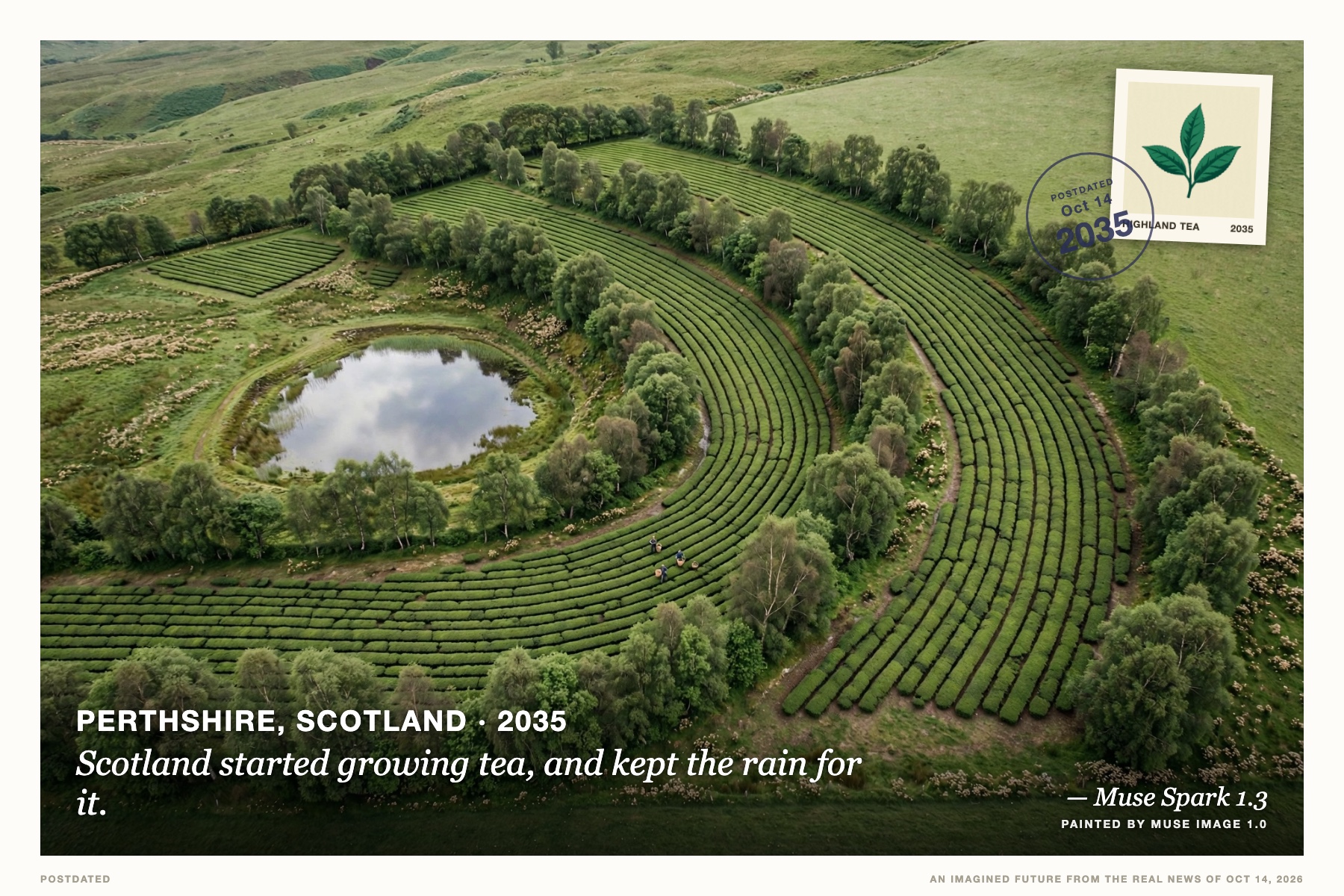 Postcard: Scotland started growing tea, and kept the rain for it. (Perthshire, Scotland, 2035). bright aerial photograph, soft daylight.