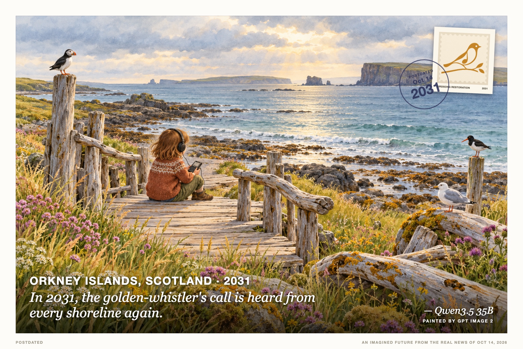Postcard: In 2031, the golden-whistler's call is heard from every shoreline again. (Orkney Islands, Scotland, 2031). children's-book illustration, soft watercolor, warm amber and sky blue tones.