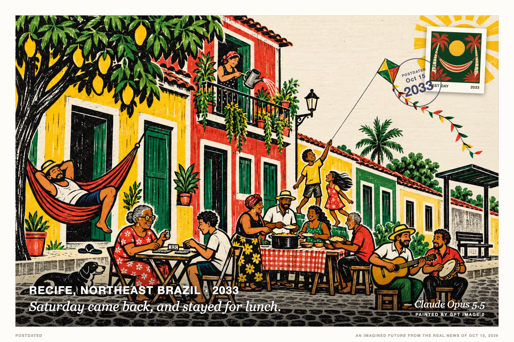 Postcard: Saturday came back, and stayed for lunch. (Recife, northeast Brazil, 2033). Brazilian cordel woodcut, black ink with bright flat colour.