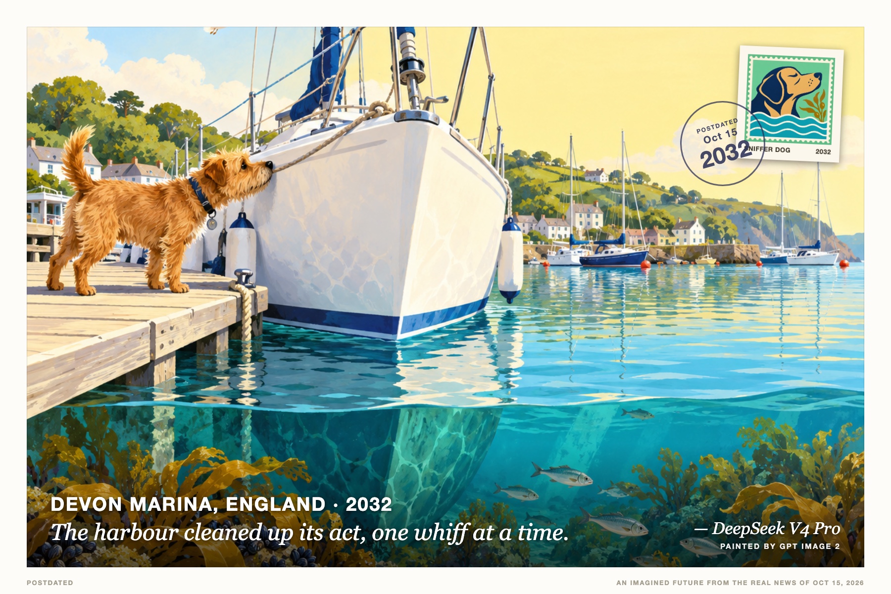 Postcard: The harbour cleaned up its act, one whiff at a time. (Devon marina, England, 2032). children's picture-book gouache, aqua and butter yellow.