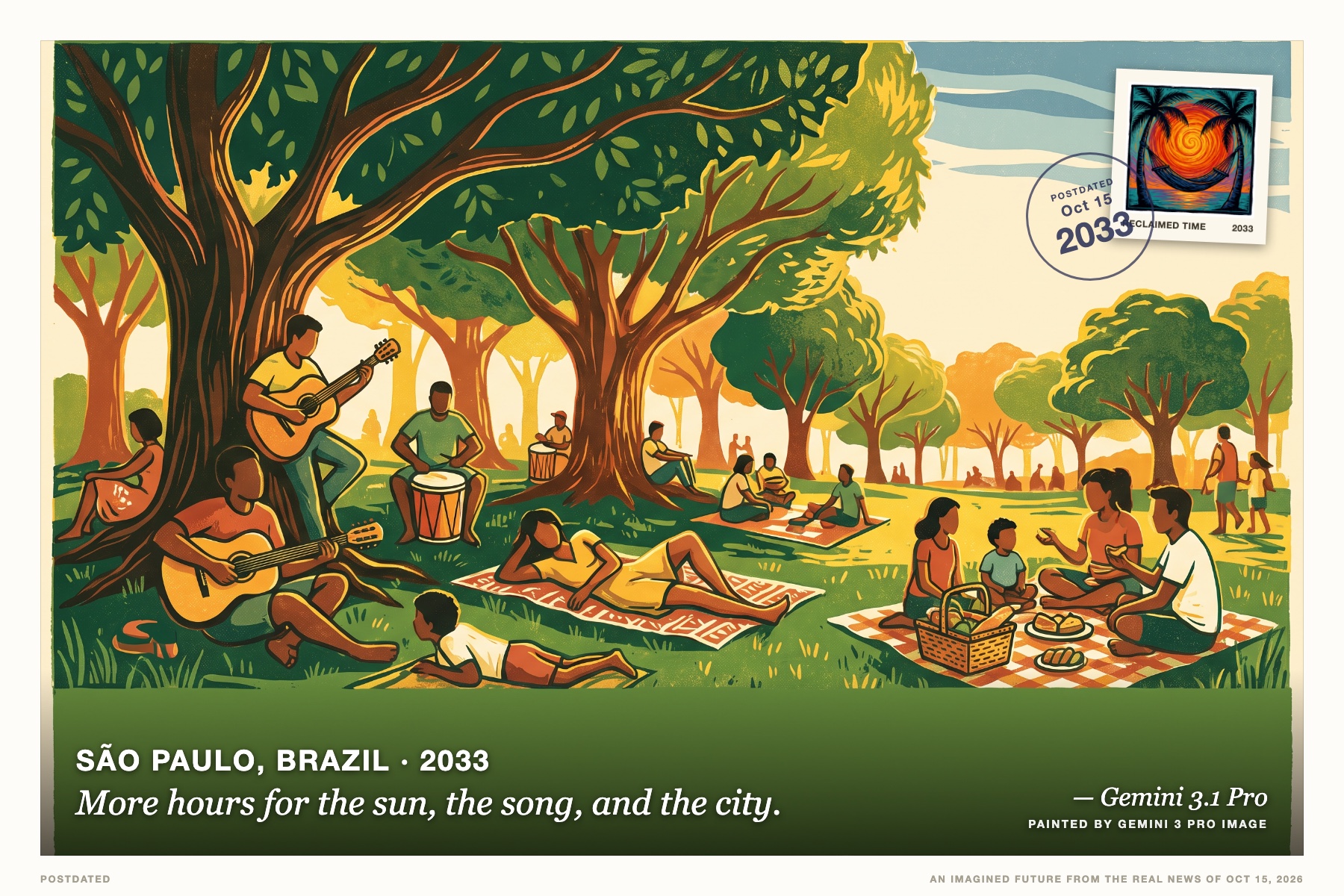 Postcard: More hours for the sun, the song, and the city. (São Paulo, Brazil, 2033). linocut print, vibrant tropical colors.