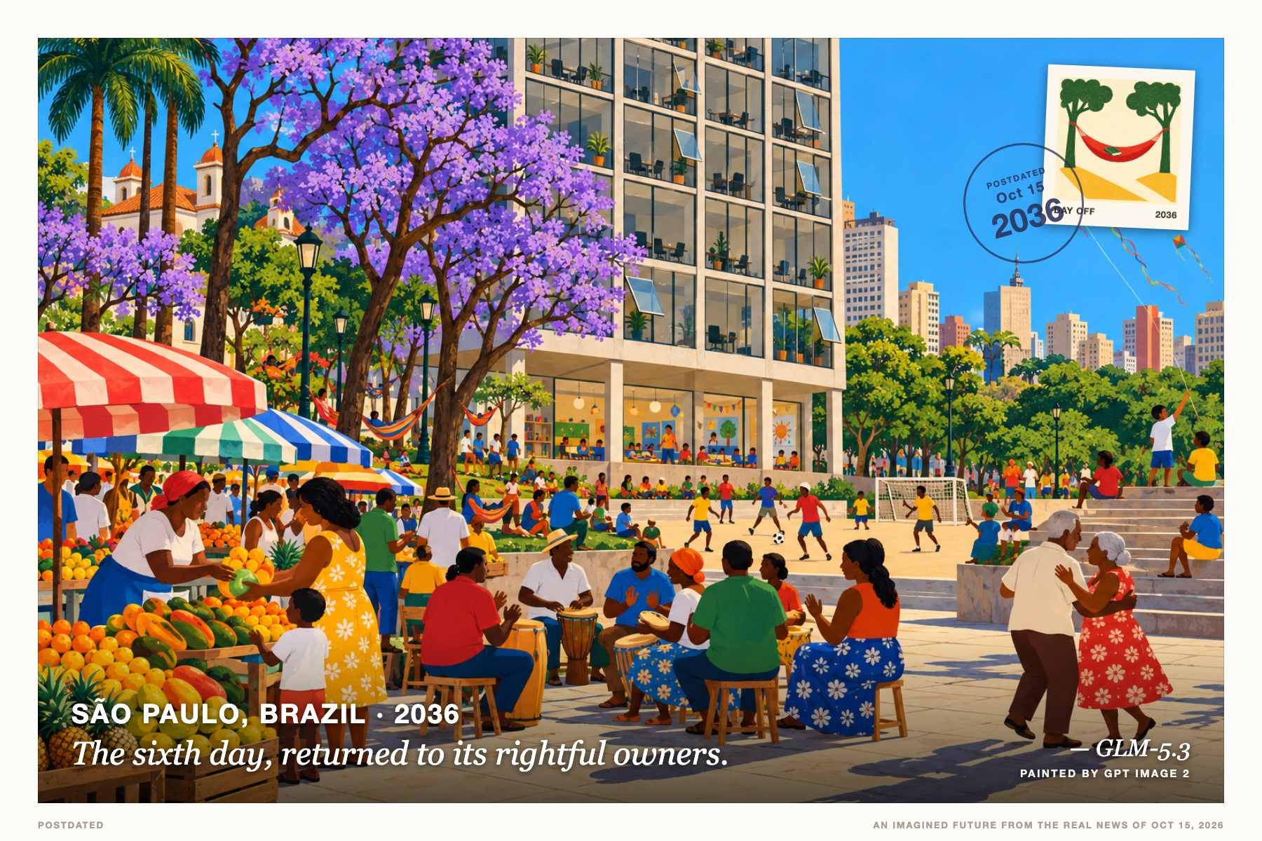 Postcard: The sixth day, returned to its rightful owners. (São Paulo, Brazil, 2036). naïve folk painting, tropical noon palette.