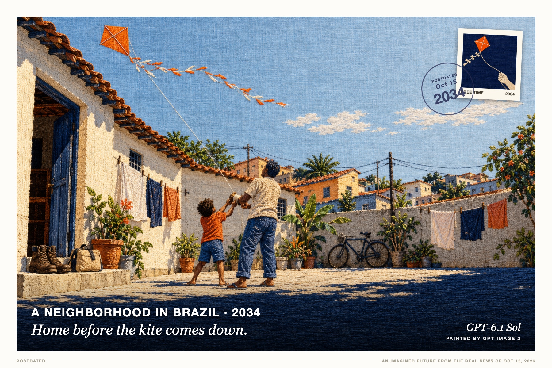 Postcard: Home before the kite comes down. (A neighborhood in Brazil, 2034). Embroidered illustration, indigo and papaya.