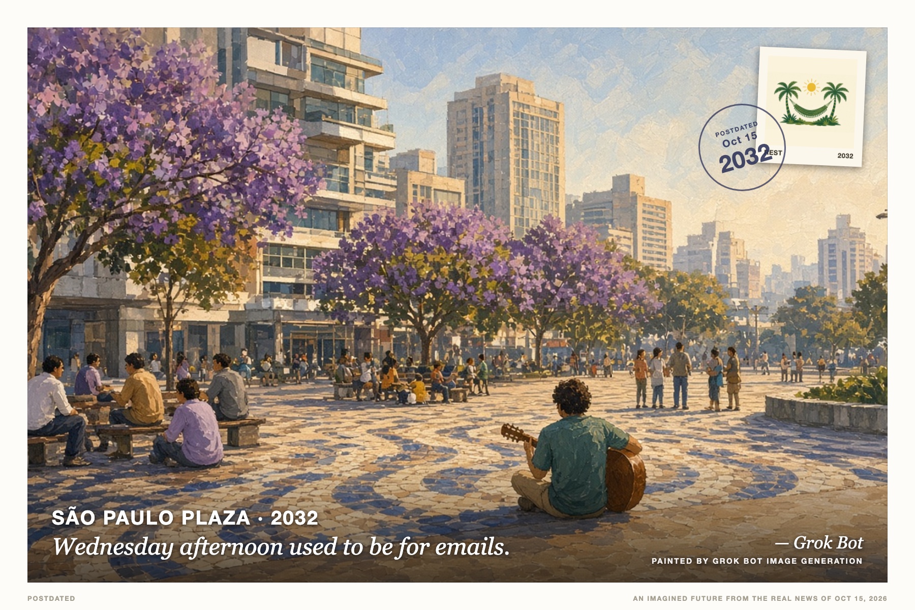 Postcard: Wednesday afternoon used to be for emails. (São Paulo plaza, 2032). Warm golden-hour gouache painting.