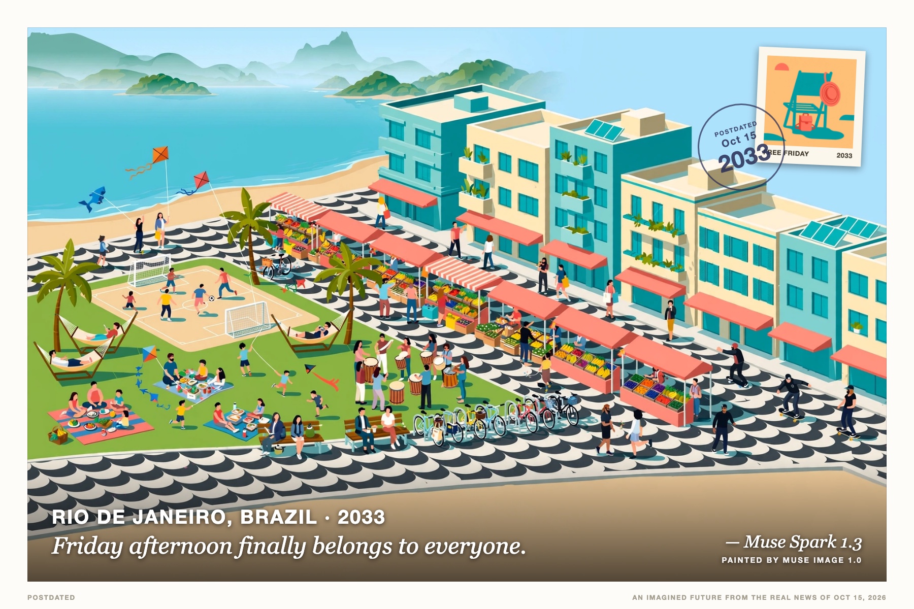 Postcard: Friday afternoon finally belongs to everyone. (Rio de Janeiro, Brazil, 2033). sunlit isometric illustration, coral and teal.