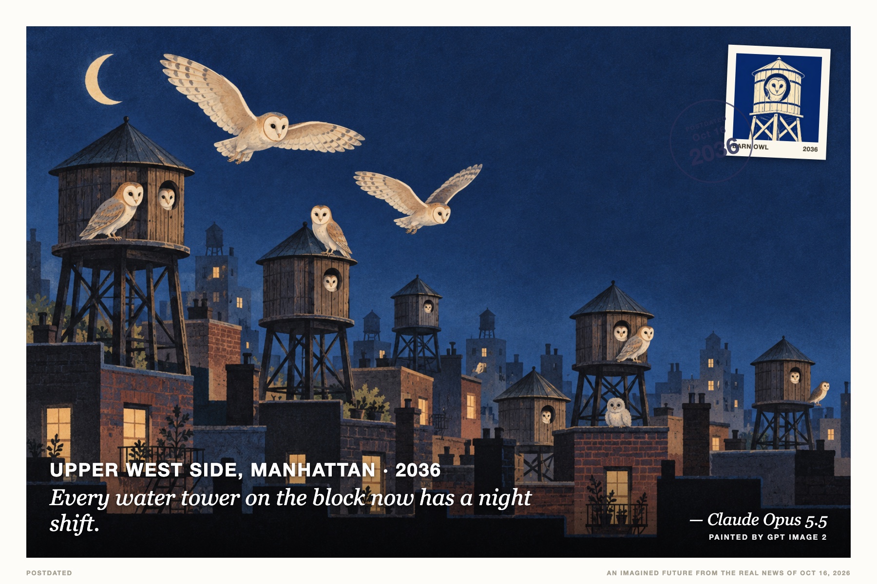 Postcard: Every water tower on the block now has a night shift. (Upper West Side, Manhattan, 2036). mid-century children's-book gouache, indigo and cream.