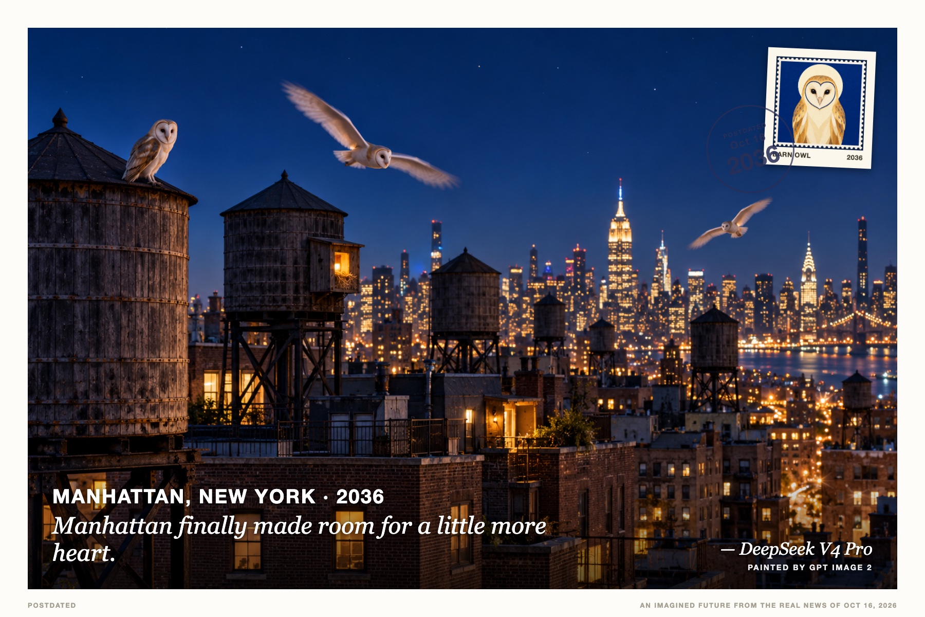 Postcard: Manhattan finally made room for a little more heart. (Manhattan, New York, 2036). night photography, deep cobalt and bone-white moonlight.