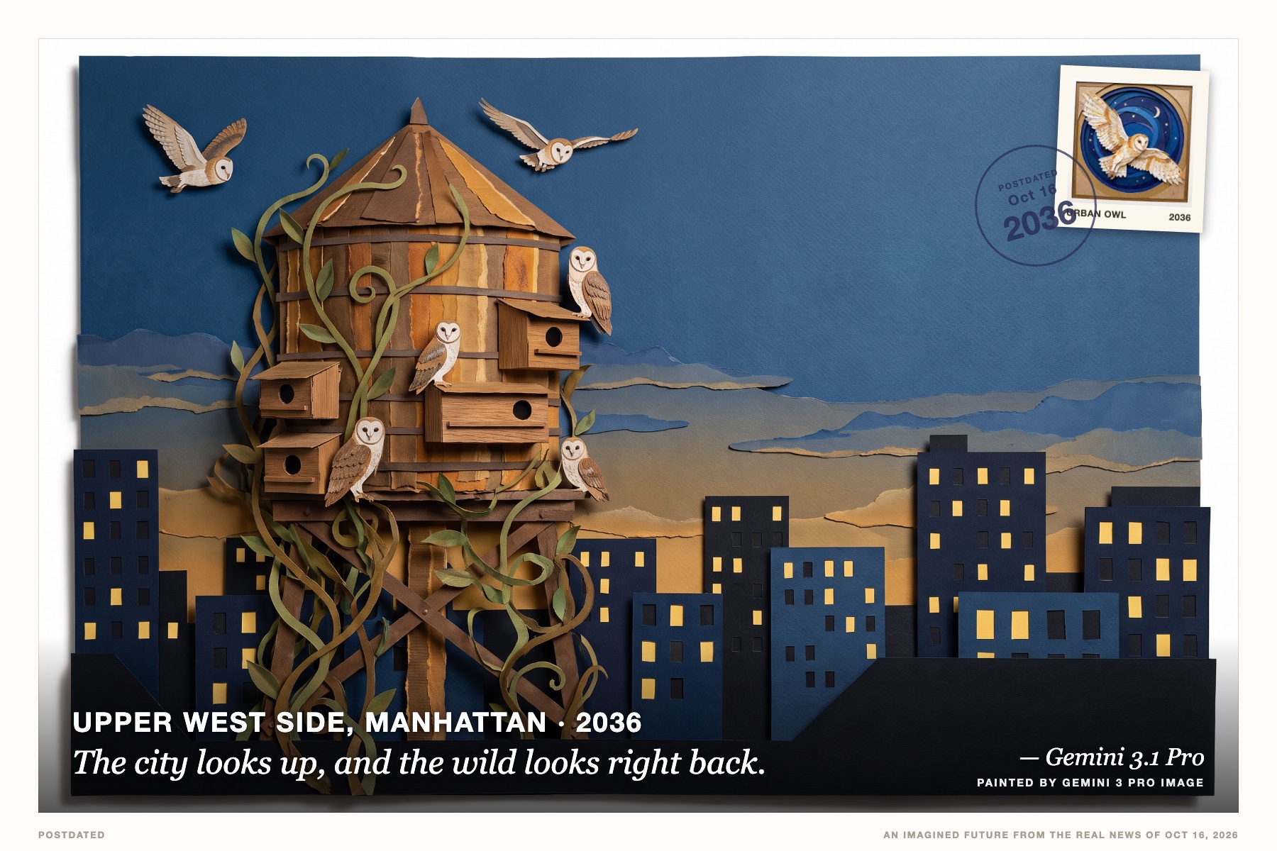 Postcard: The city looks up, and the wild looks right back. (Upper West Side, Manhattan, 2036). layered paper collage, twilight palette.