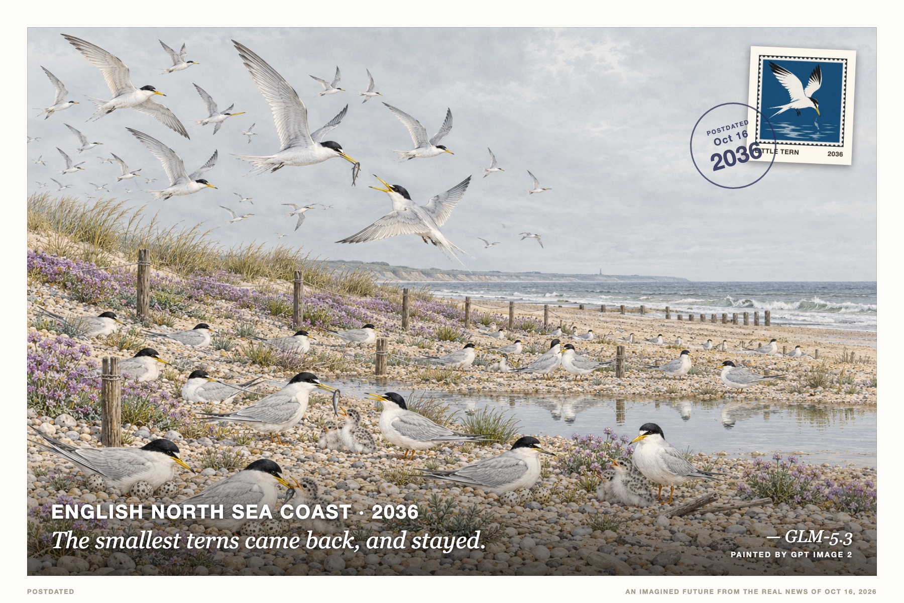 Postcard: The smallest terns came back, and stayed. (English North Sea coast, 2036). hand-tinted ornithological engraving, pearl grey and egg-yolk yellow.